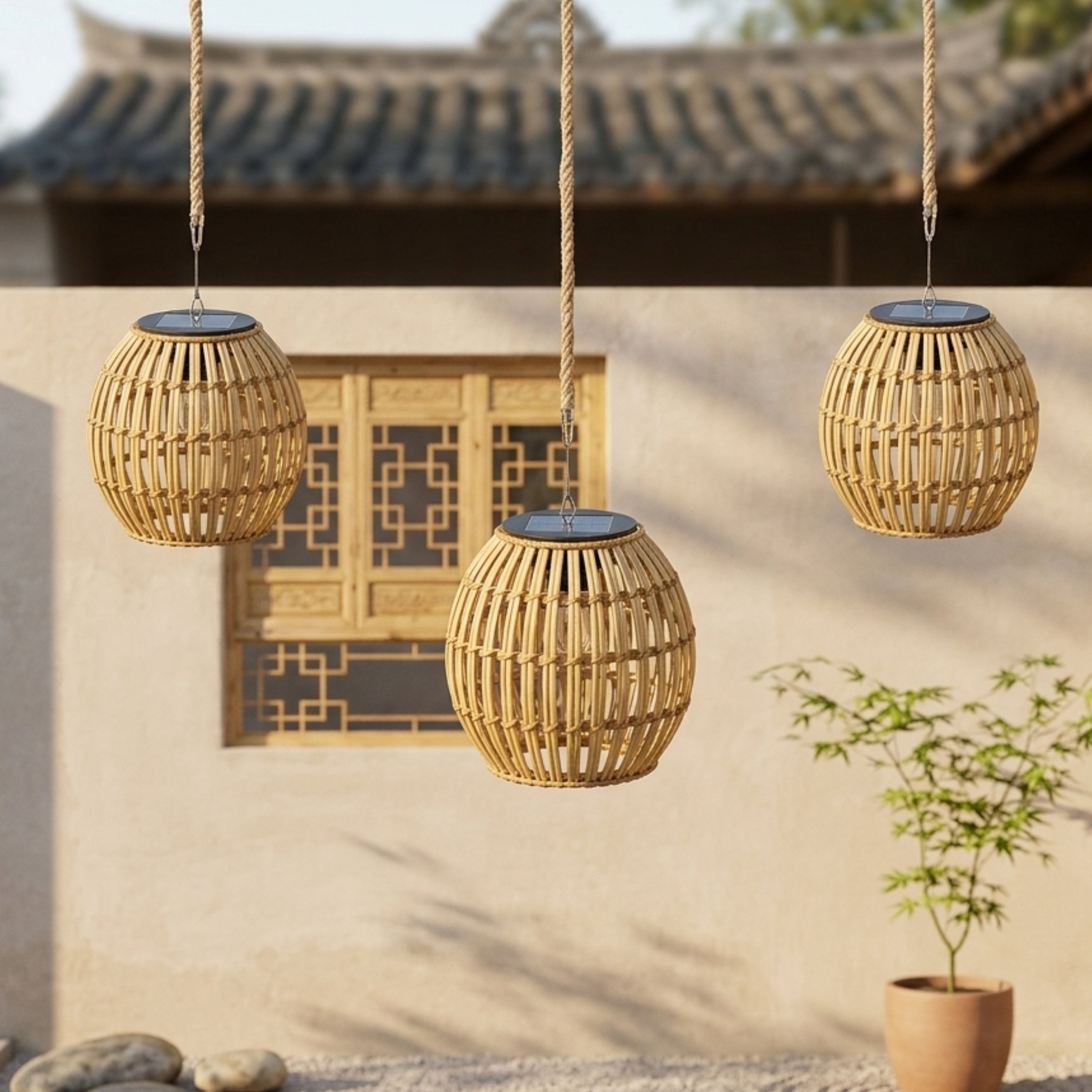 Lampada solare da giardino intrecciata, lanterna sospesa da esterno con LED