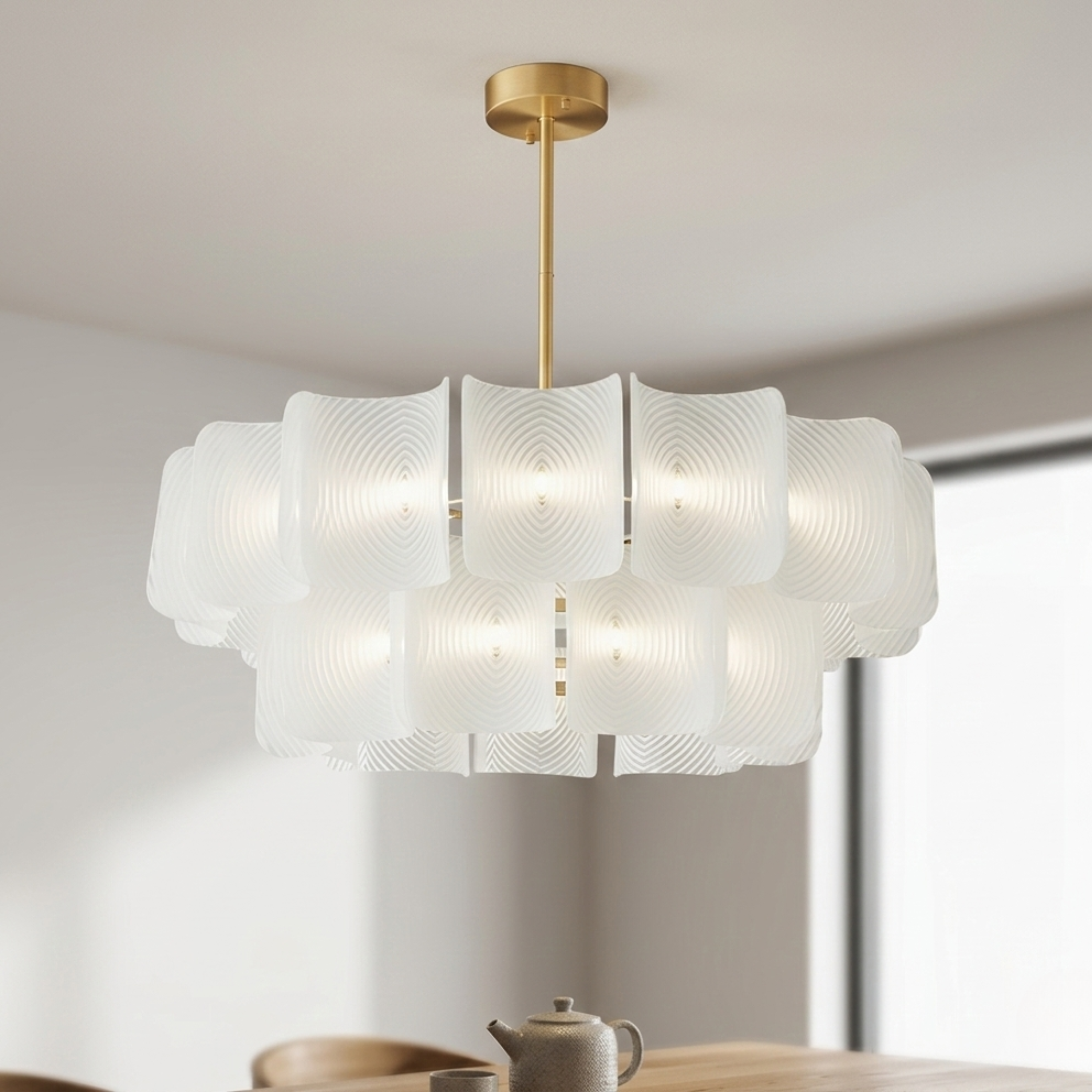 Lampadario a due livelli in rattan intrecciato con struttura in ferro