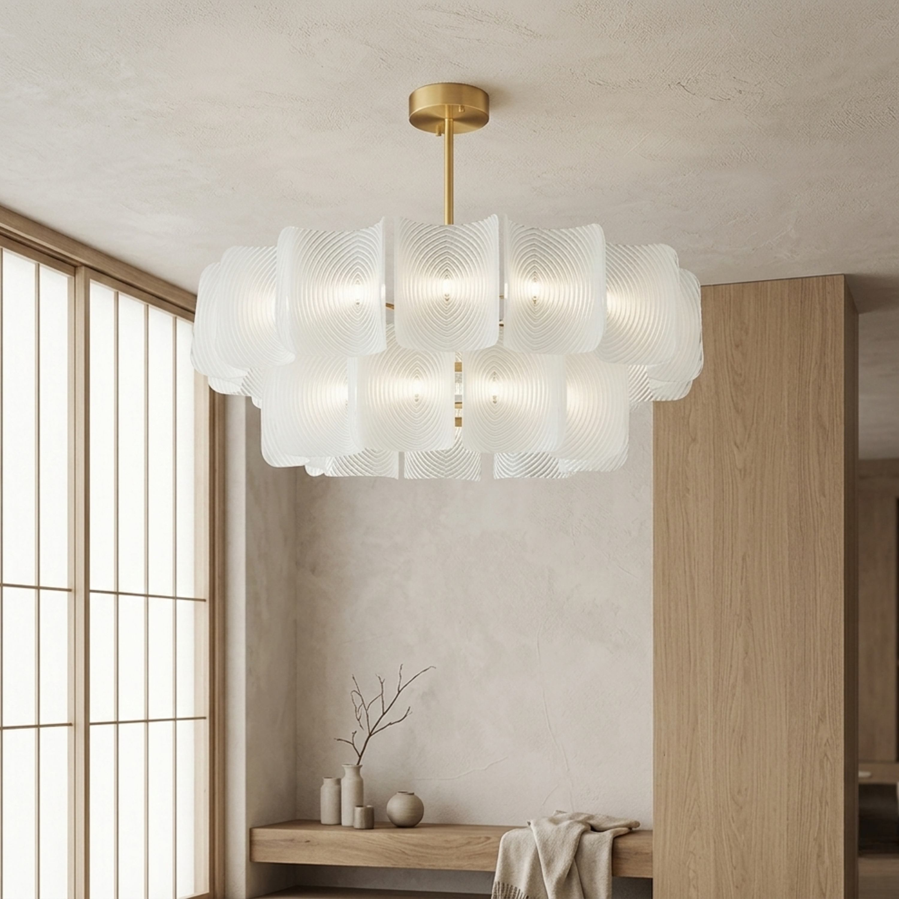 Lampadario a due livelli in rattan intrecciato con struttura in ferro