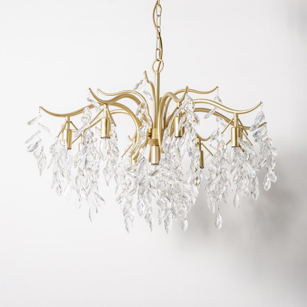 Lampadario a rami con cascata di cristalli e struttura in oro