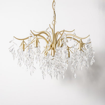 Lampadario a rami con cascata di cristalli e struttura in oro