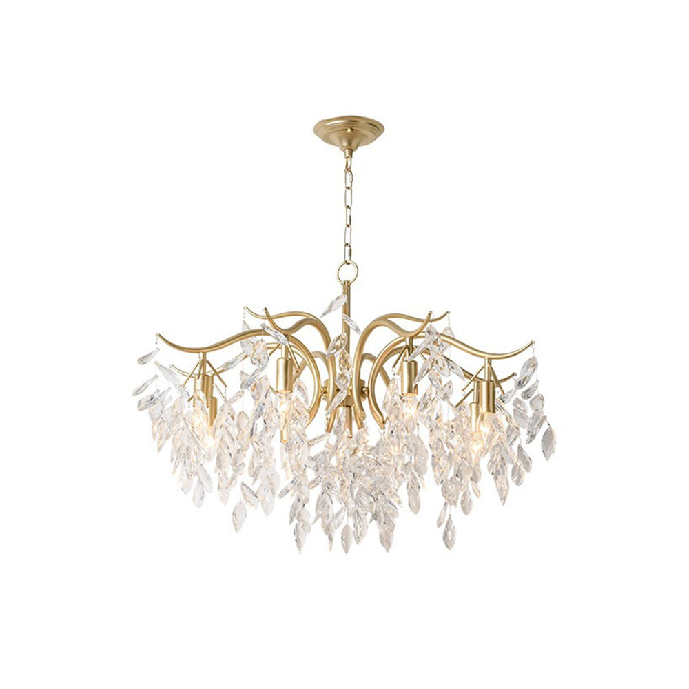 Lampadario a rami con cascata di cristalli e struttura in oro