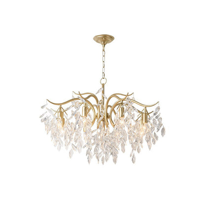 Lampadario a rami con cascata di cristalli e struttura in oro