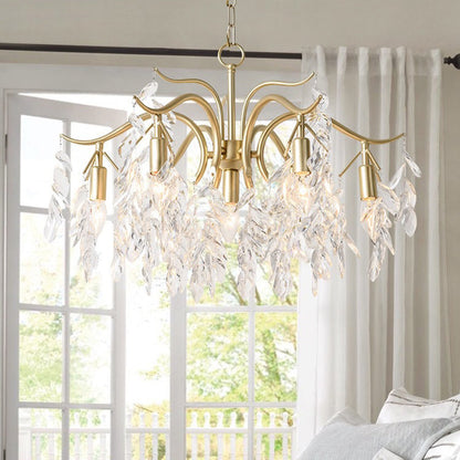 Lampadario a rami con cascata di cristalli e struttura in oro
