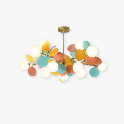 Lampadario a rami con globi in vetro e dischi multicolore, stile botanico per soggiorno
