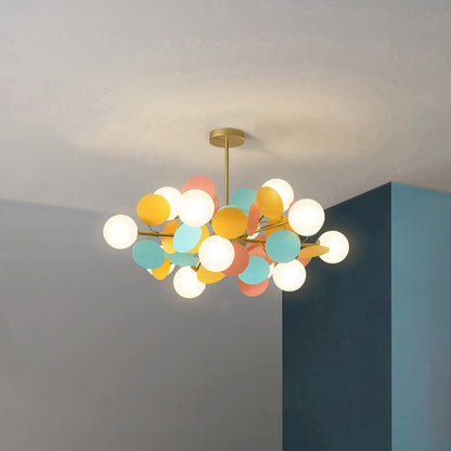 Lampadario a rami con globi in vetro e dischi multicolore, stile botanico per soggiorno