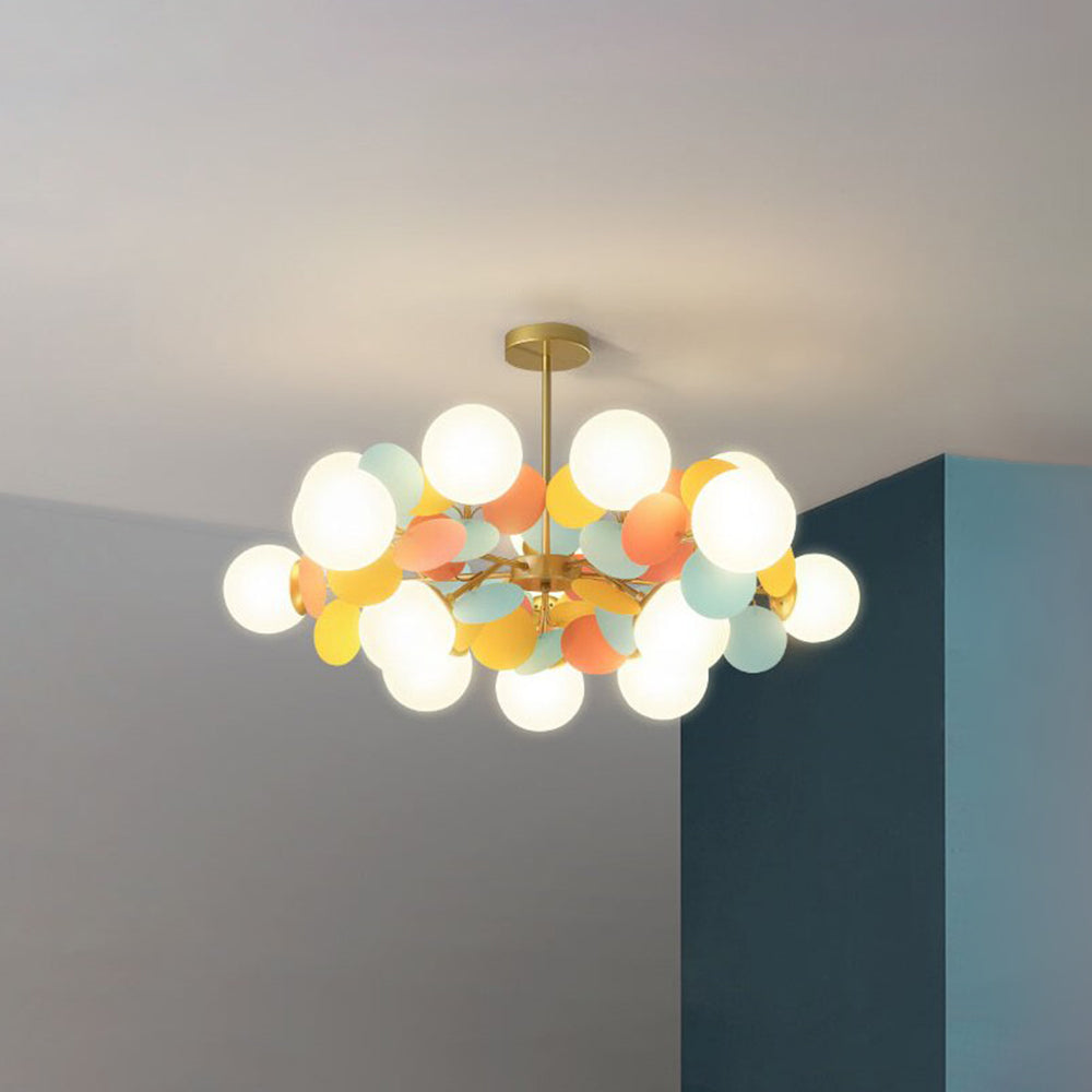 Lampadario a rami con globi in vetro e dischi multicolore, stile botanico per soggiorno