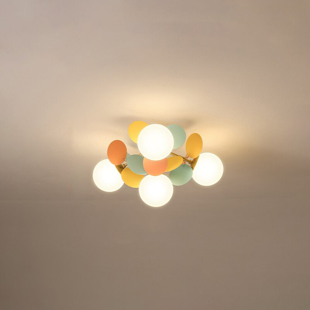 Lampadario a rami con globi in vetro e dischi multicolore, stile botanico per soggiorno