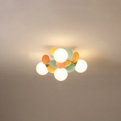 Lampadario a rami con globi in vetro e dischi multicolore, stile botanico per soggiorno