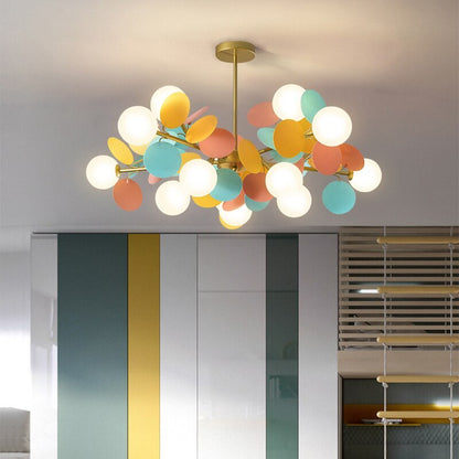 Lampadario a rami con globi in vetro e dischi multicolore, stile botanico per soggiorno