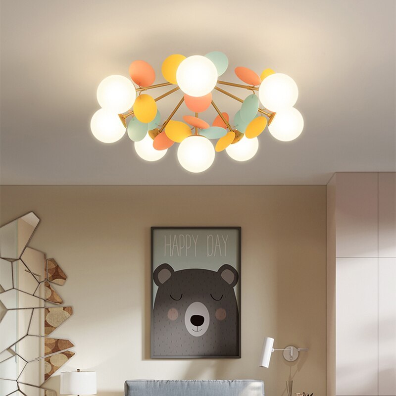 Lampadario a rami con globi in vetro e dischi multicolore, stile botanico per soggiorno