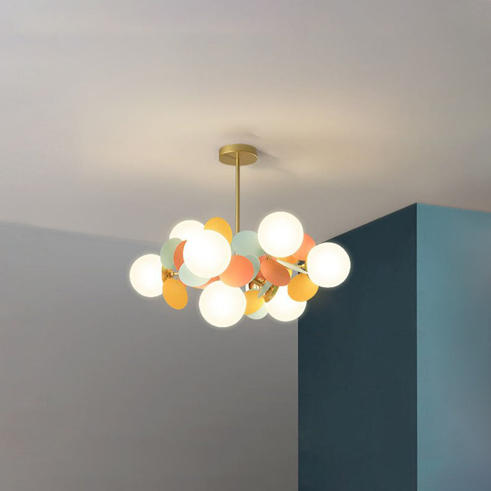 Lampadario a rami con globi in vetro e dischi multicolore, stile botanico per soggiorno