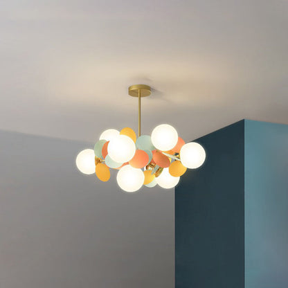 Lampadario a rami con globi in vetro e dischi multicolore, stile botanico per soggiorno