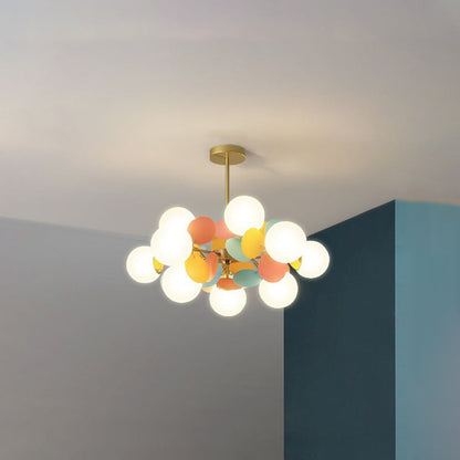 Lampadario a rami con globi in vetro e dischi multicolore, stile botanico per soggiorno
