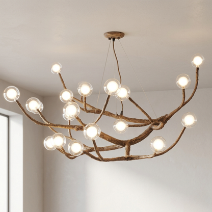 Lampadario a rami in legno, metallo e vetro in stile albero