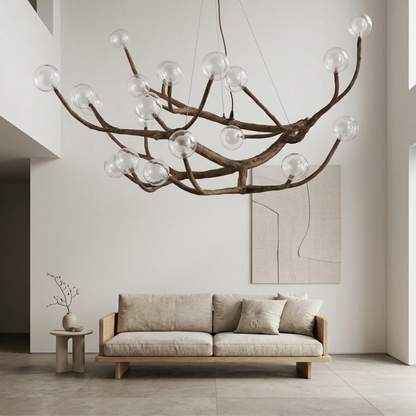 Lampadario a rami in legno, metallo e vetro in stile albero