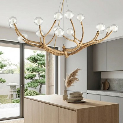 Lampadario a rami in legno, metallo e vetro in stile albero
