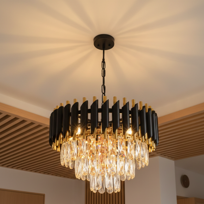 Lampadario a soffitto in cristallo a tre livelli nero e oro