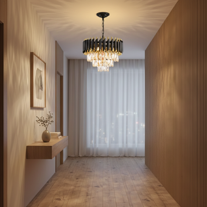 Lampadario a soffitto in cristallo a tre livelli nero e oro