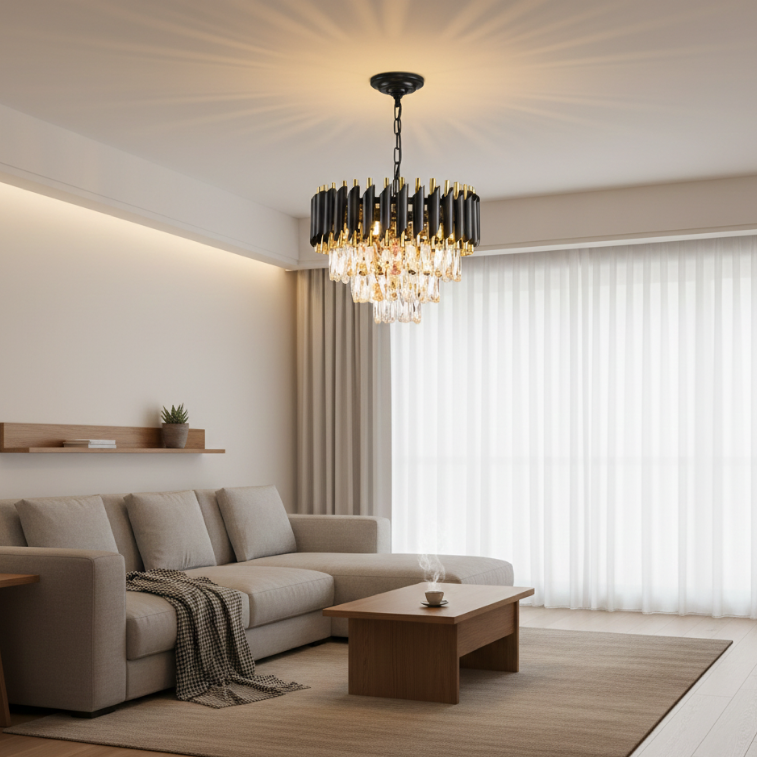 Lampadario a soffitto in cristallo a tre livelli nero e oro