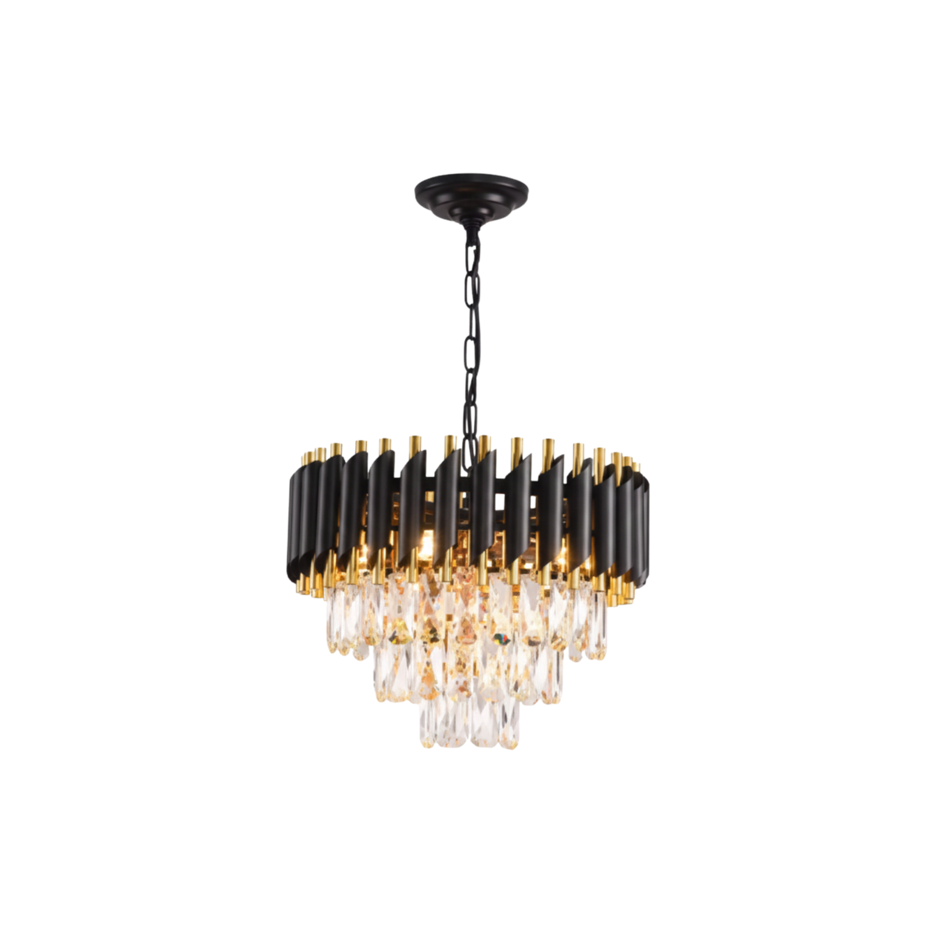 Lampadario a soffitto in cristallo a tre livelli nero e oro