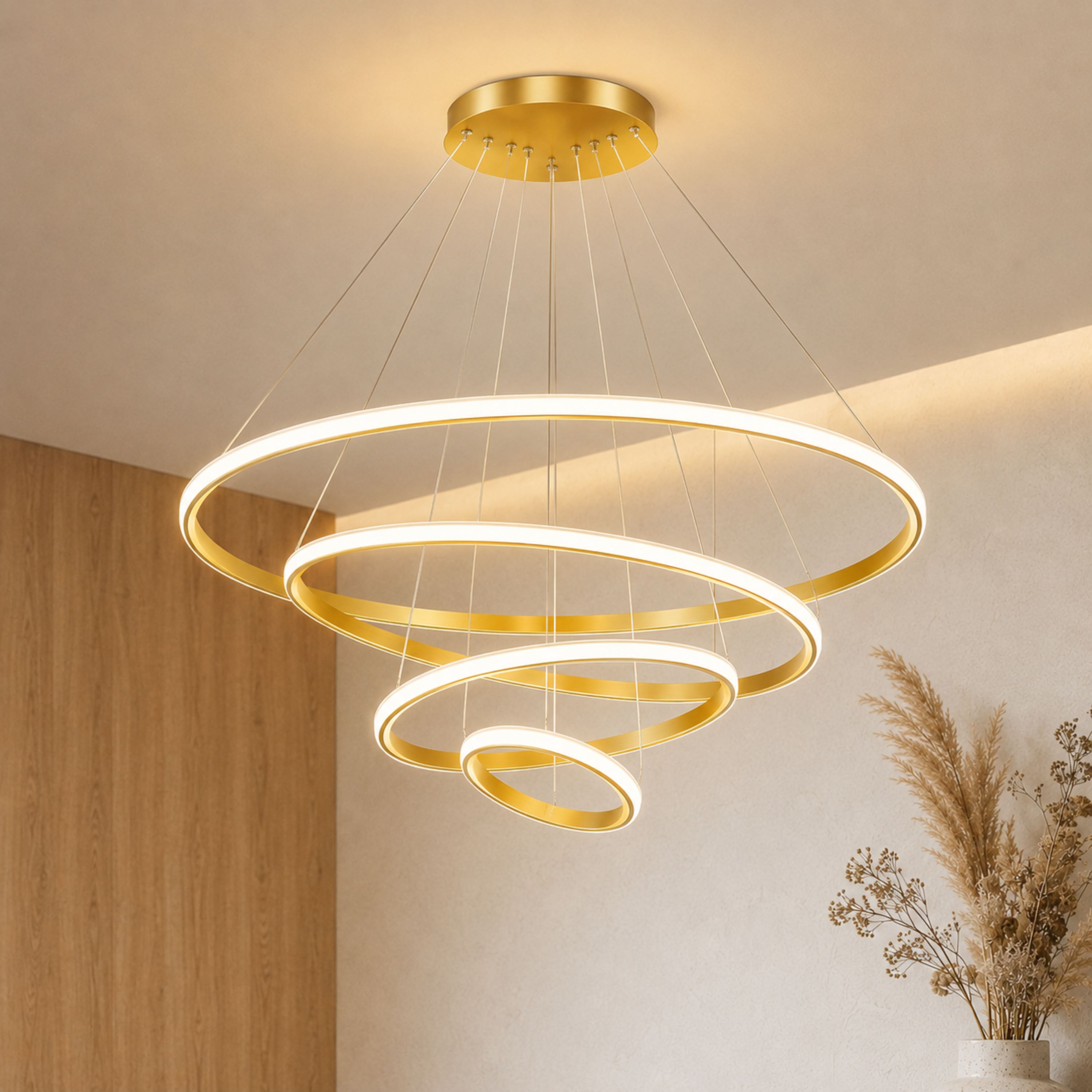 Lampadario a sospensione LED ad anelli color oro