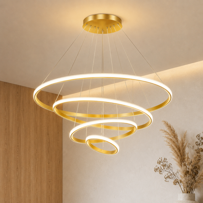 Lampadario a sospensione LED ad anelli color oro
