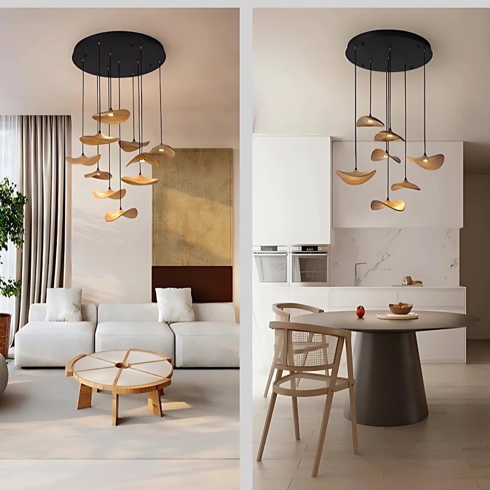 Lampadario a sospensione multiluce Bidi in legno, design scultoreo