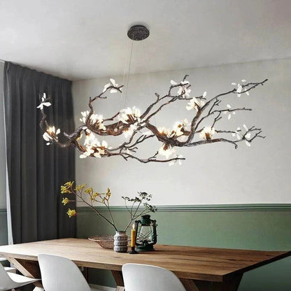 Lampadario Alba a rami in rame con fiori in pietra naturale