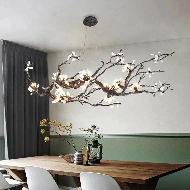 Lampadario Alba a rami in rame con fiori in pietra naturale