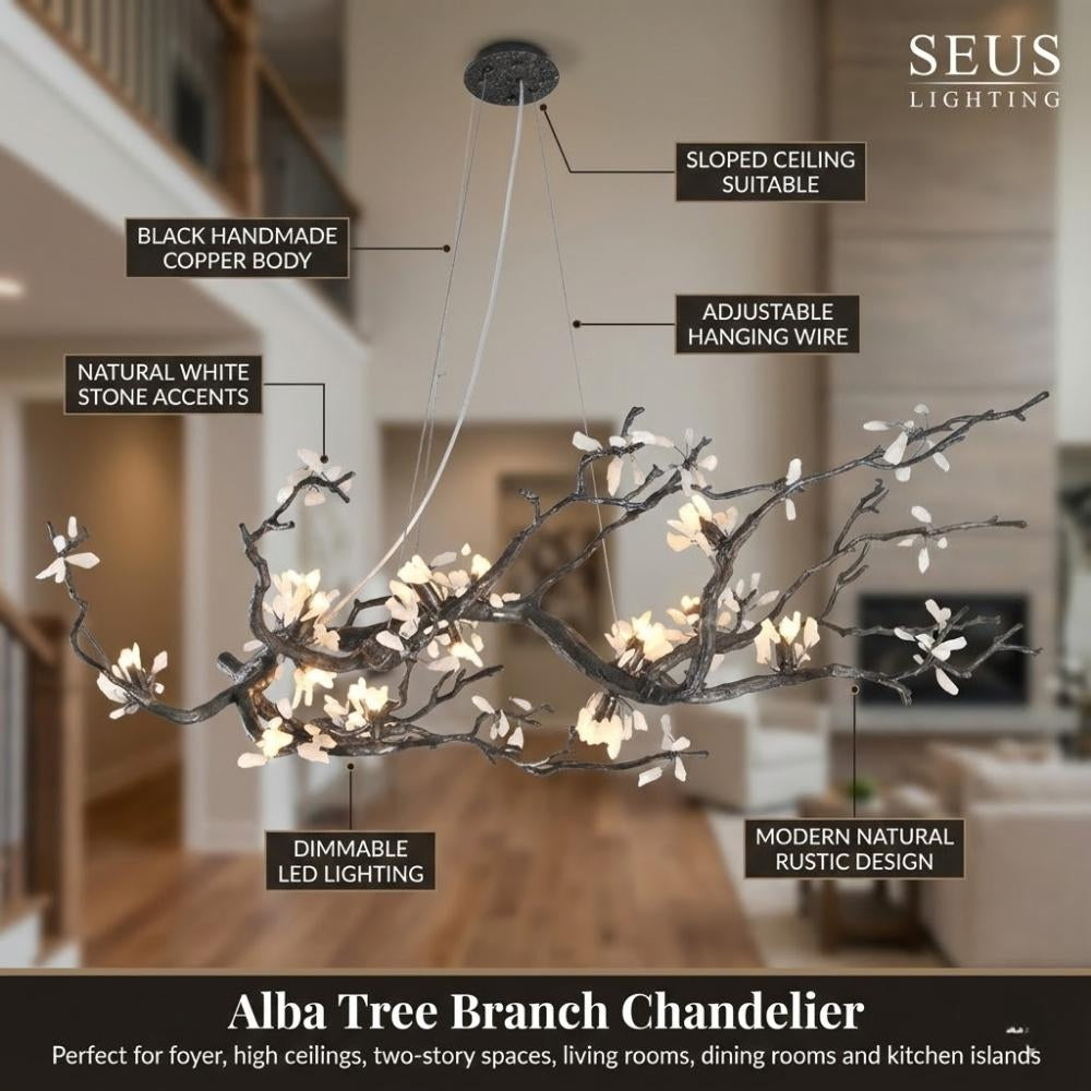 Lampadario Alba a rami in rame con fiori in pietra naturale
