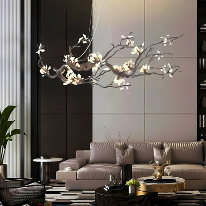Lampadario Alba a rami in rame con fiori in pietra naturale