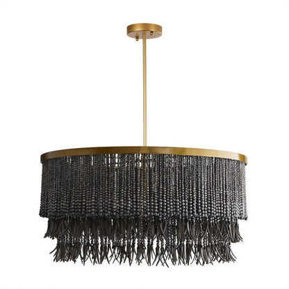Lampadario boho in perle di legno con paralume a tamburo