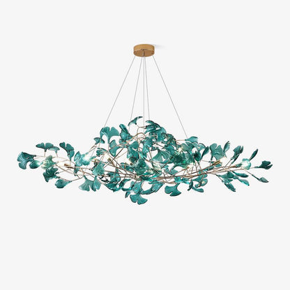 Lampadario botanico a ramo con foglie di ginkgo in acrilico e struttura in metallo, verde blu caffè