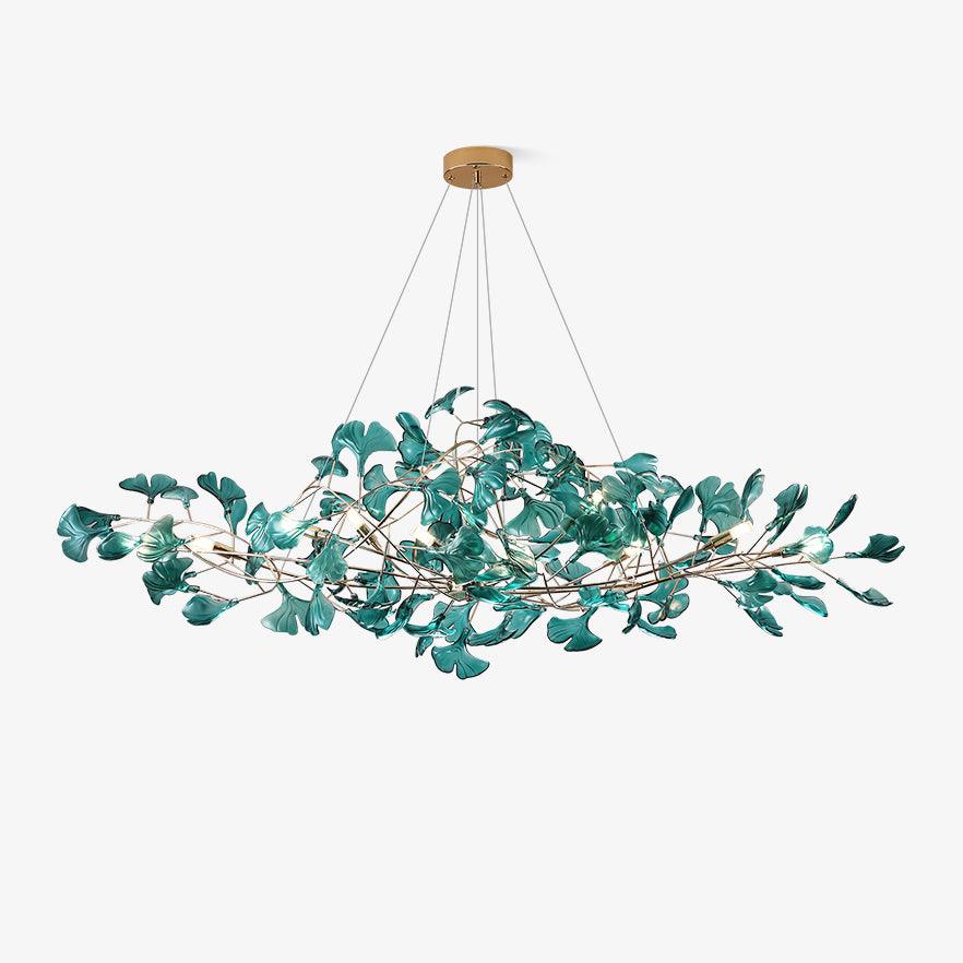 Lampadario botanico a ramo con foglie di ginkgo in acrilico e struttura in metallo, verde blu caffè