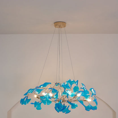 Lampadario botanico a ramo con foglie di ginkgo in acrilico e struttura in metallo, verde blu caffè