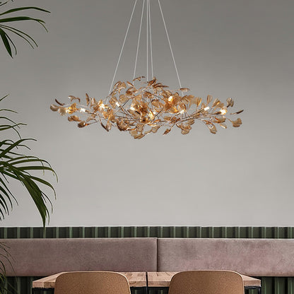 Lampadario botanico a ramo con foglie di ginkgo in acrilico e struttura in metallo, verde blu caffè