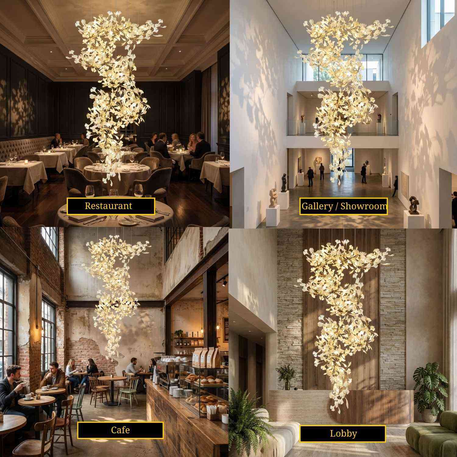 Lampadario Calla per scale in ceramica bianca e rame color oro