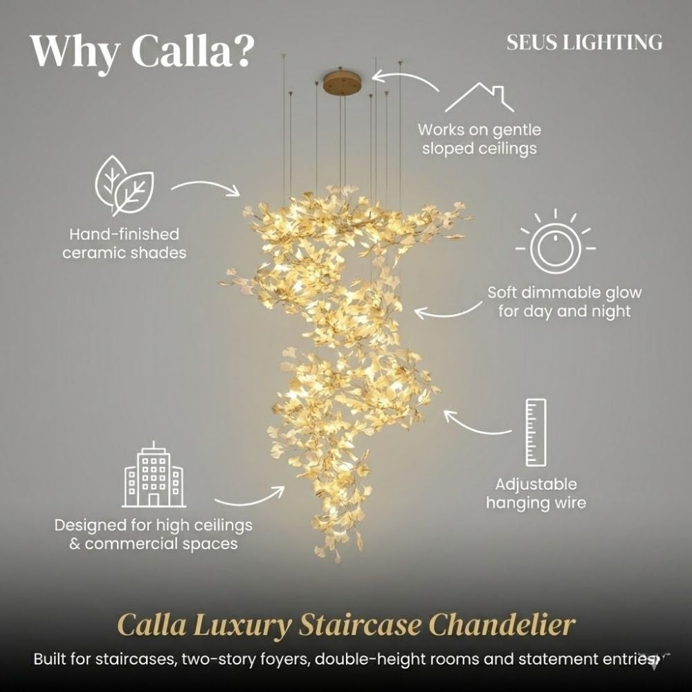 Lampadario Calla per scale in ceramica bianca e rame color oro