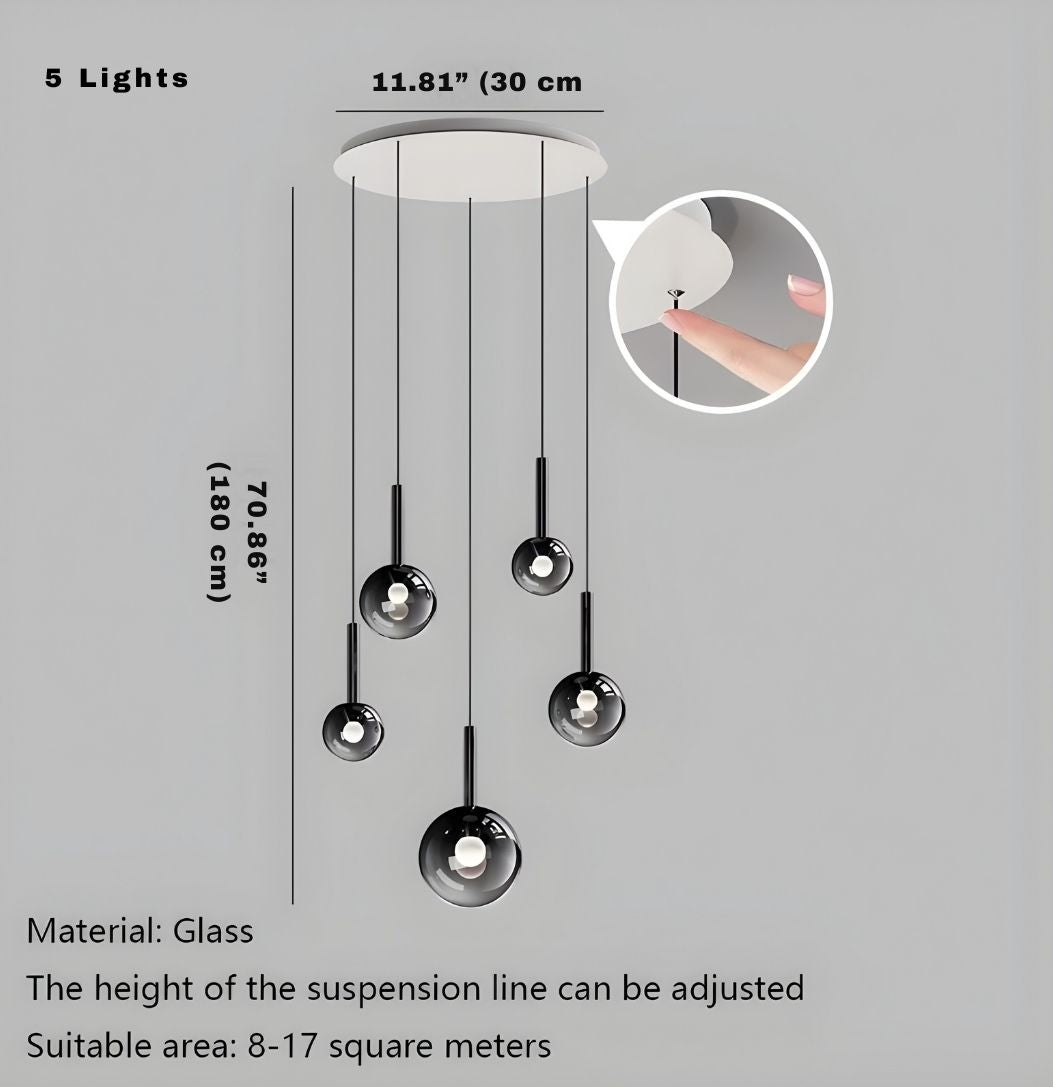 Lampadario Cleo per scale con sfere in vetro sfumato e telecomando