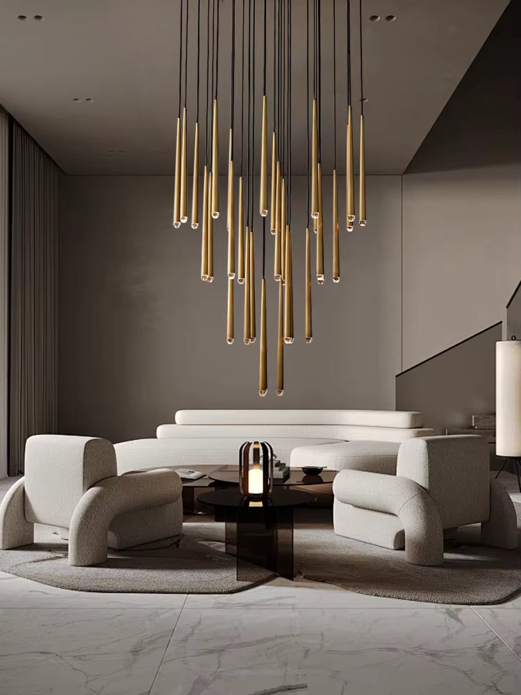Lampadario contemporaneo a bacchette LED per soggiorno con soffitti alti e ingresso