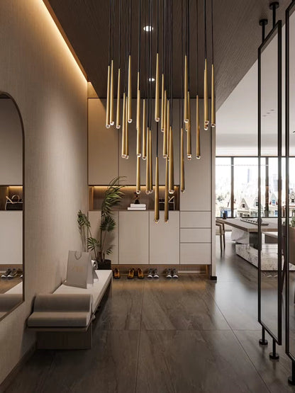 Lampadario contemporaneo a bacchette LED per soggiorno con soffitti alti e ingresso