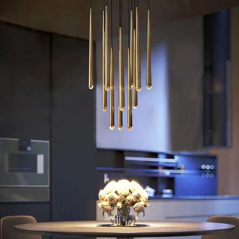 Lampadario contemporaneo a bacchette LED per soggiorno con soffitti alti e ingresso