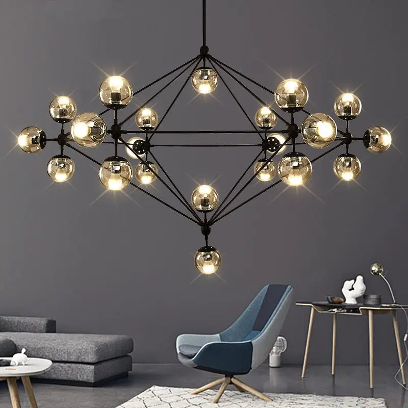 Lampadario contemporaneo nero con globi in vetro 15/21 luci