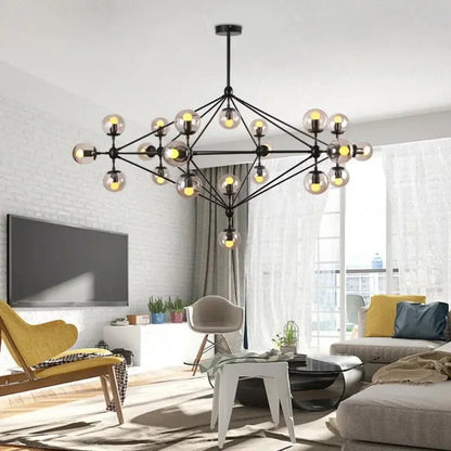 Lampadario contemporaneo nero con globi in vetro 15/21 luci