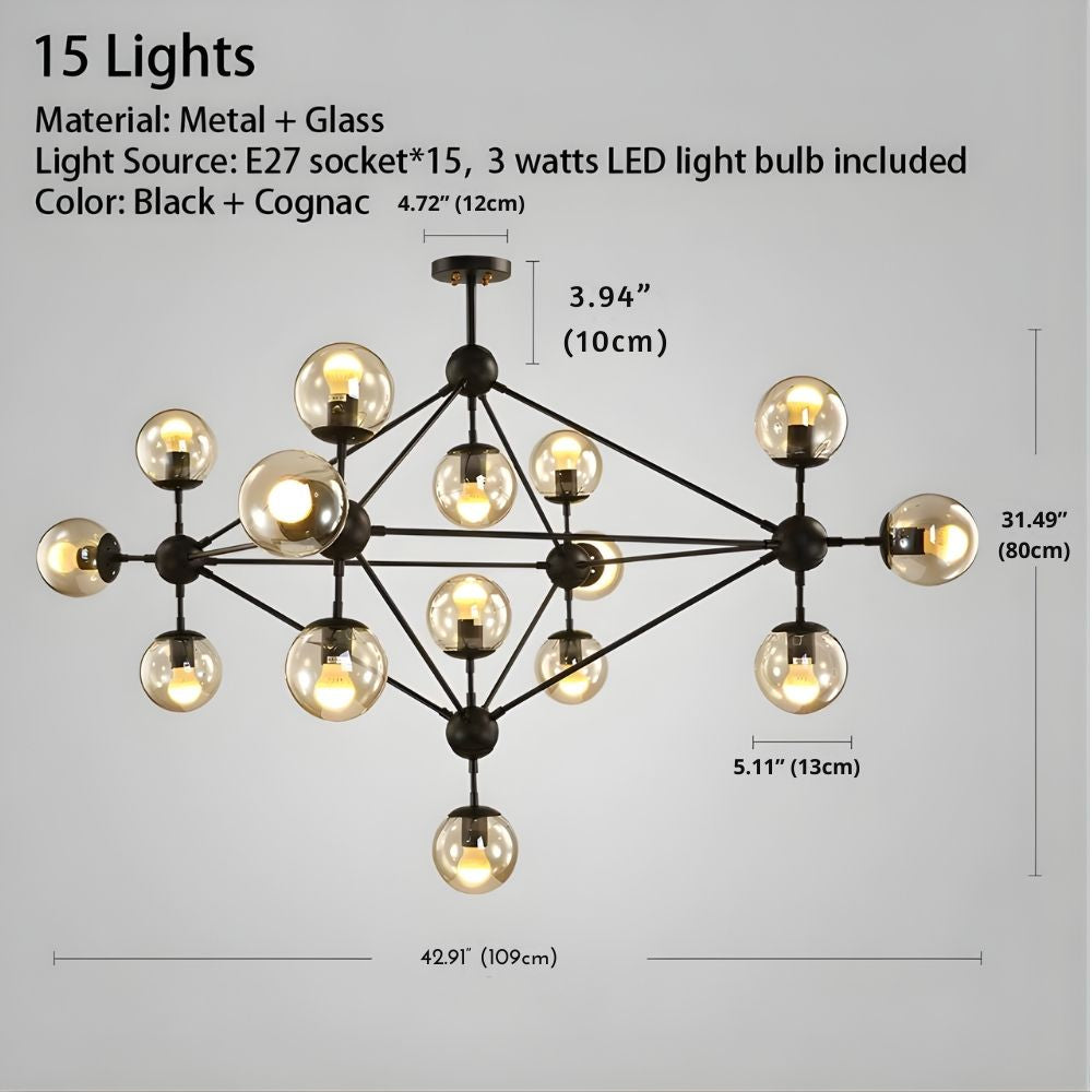 Lampadario contemporaneo nero con globi in vetro 15/21 luci