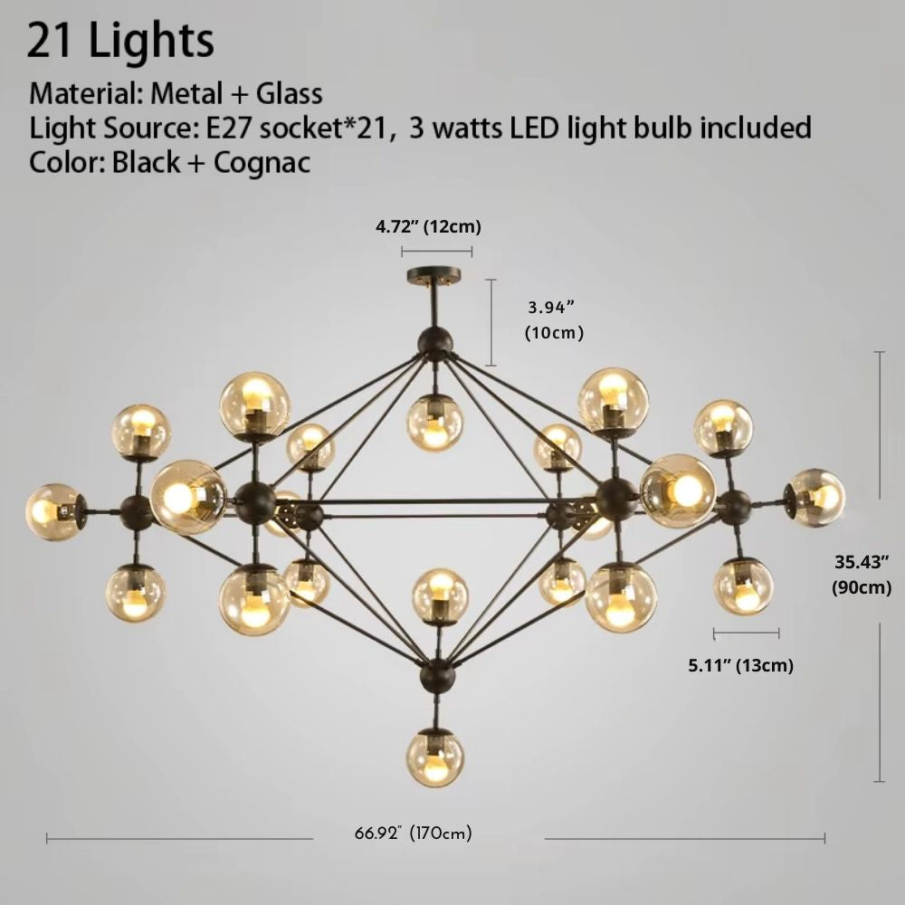 Lampadario contemporaneo nero con globi in vetro 15/21 luci