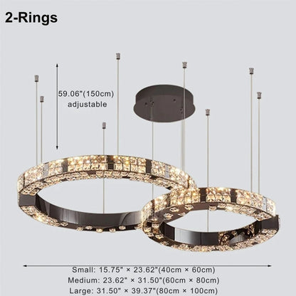 Lampadario di lusso ad anelli in cristallo Cosmo nero specchiato