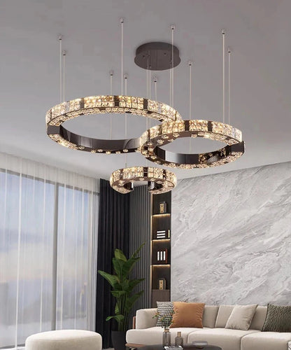 Lampadario di lusso ad anelli in cristallo Cosmo nero specchiato