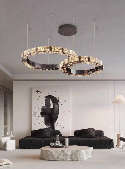 Lampadario di lusso ad anelli in cristallo Cosmo nero specchiato